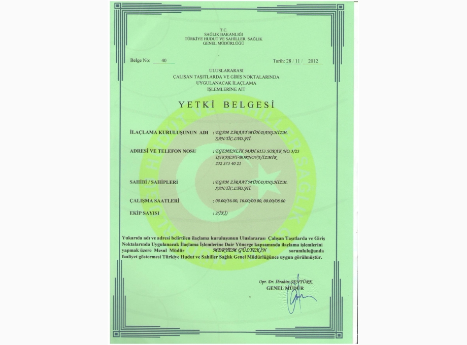 Uluslar Arası Taşıtlarda İlaçlama Yetki Belgesi